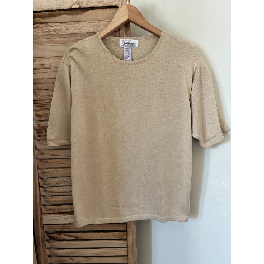 Worthington Tall Vintage Minimalist Tan Beige Knit Short Sleeve Sweater Top L G